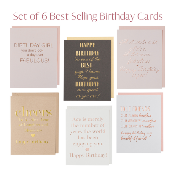 Set of 6 Best Selling Birthday Cards for $28.50. Foil Embossed birthday cards with rose gold foil and gold foil on light pink, dark gray, and white paper. Coordinating envelops.