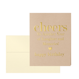 Cheers to love laughter & happily ever after  happy birthday. Gold foil embossed card with white gold metallic envelope