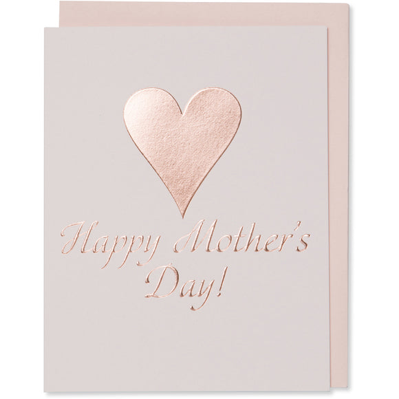 Rose Gold Foil Embossed Happy Mother's Day! Card with a big rose gold foil  heart. Light pink cotton paper with a blush envelope