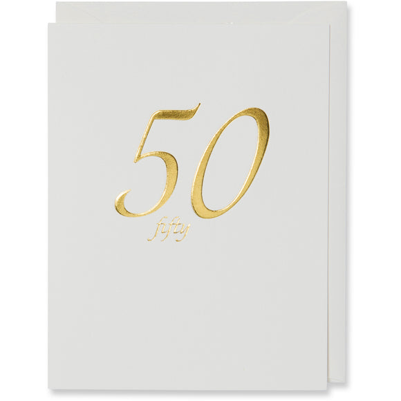 Gold Foil Embossed 50th Birthday Card. Natural white envelope or white gold metallic envelope