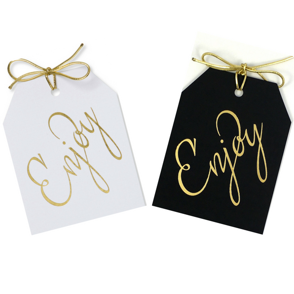 Gold foil Enjoy gift tags on white or black paper with metallic gold ties 3.5x4.5