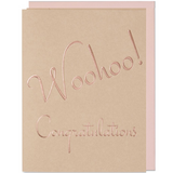 Woohoo! Congratulations Card Rose gold foil embossed on tan paper with a blush envelope