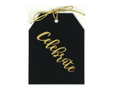 Gold foil on black paper Celebrate gift tags with metallic gold ties. Size 3.5x4 inches.
