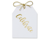 White paper with gold foil Celebrate gift tags with metallic gold ties. Size 3.5x4 inches