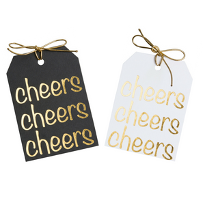 Gold foil on black or white paper Cheers gift tags with metallic gold ties. Size 3 x4 inches
