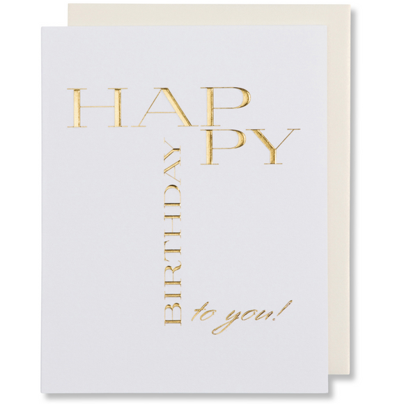 Gold foil embossed Happy Birthday to you! birthday card on bright white paper with white gold metallic envelope.