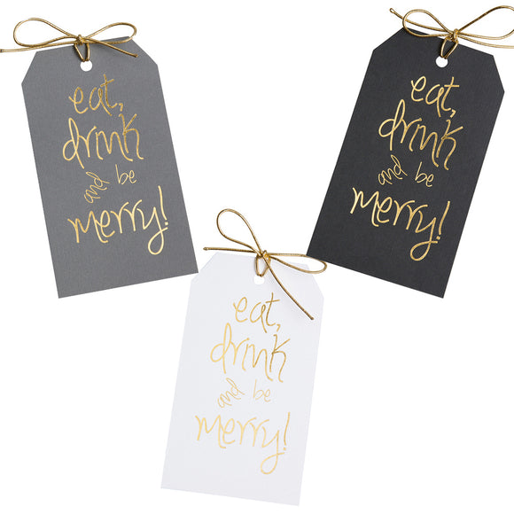 Gold foil eat, drink and be merry! gift tags with metallic gold ties. 3x5