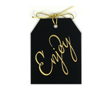Gold foil Enjoy gift tag on black paper with metallic gold ties 3.5x4.5"