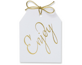 Gold foil Enjoy gift tag on white paper with metallic gold ties 3.5x4.5"