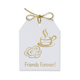Gold Foil Friends Forever! Gift Tags with an image of donuts and coffee in gold foil. White linen paper with metallic gold ties.