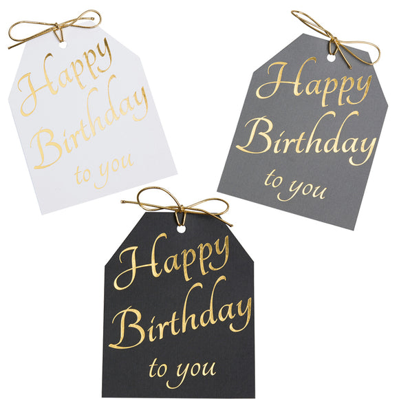 Gold foil Happy Birthday to you gift tags. White, gray, and black linen paper with metallic gold ties. 4x5.5