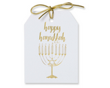 Gold  foil happy hanukkah gift tags with an image of a menorah. White linen paper with gold metallic ties. 3x4"