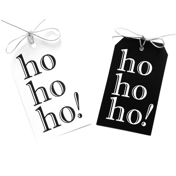 ho ho ho! gift tags with black and white foil on black and white linen paper  with metallic silver ties. 3x5