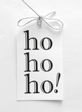 ho ho ho! gift tags with black foil on white linen paper with metallic silver tie. 3x5"