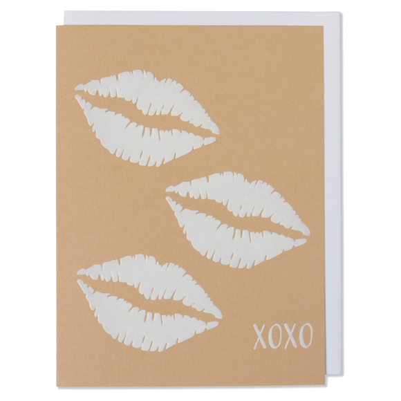 Lips XOXO White Foil Embossed Card on Tan Paper with a bright white envelope 