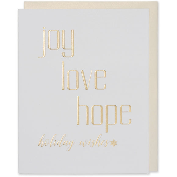 Gold Foil Embossed Joy Love Hope holiday wishes, with a star image and a bright white paper and a white gold metallic envelope 