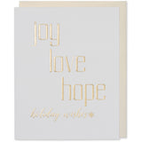Gold Foil Embossed Joy Love Hope holiday wishes, with a star image and a bright white paper and a white gold metallic envelope 