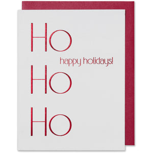 Red Foil Embossed  Ho Ho Ho happy holidays! Card, bright white paper and a red metallic envelope.