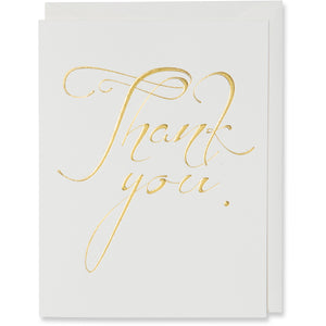 Thank You Card. Gold foil embossed on natural white paper with a natural white or metallic white gold envelope.