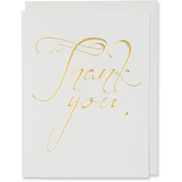 Thank You Card. Gold foil embossed on natural white paper with a natural white or metallic white gold envelope.