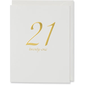 Twenty-one (21st) Birthday Card. Gold Foil Embossed on natural white paper with a natural white or a white gold metallic envelope.