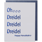 Blue Foil Embossed Oh Dreidel Dreidel Dreidel Happy Hanukkah  with three dreidel images on the holiday card.  Bright white paper with a metallic blue envelope.