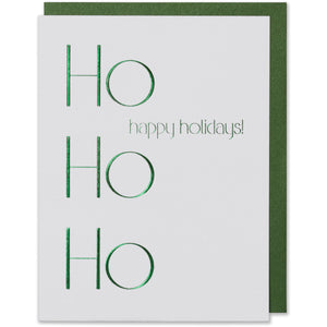 Metallic Green Foil Embossed Ho Ho Ho Happy Holidays! Card. Bright white paper with metallic green foil envelope.