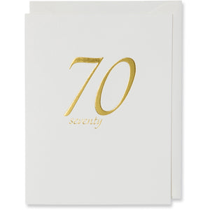 Seventy 70th Birthday Card Gold Foil Embossed on natural white paper with a natural white or white gold metallic envelope.