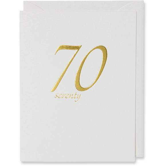 Seventy 70th Birthday Card Gold Foil Embossed on natural white paper with a natural white or white gold metallic envelope.