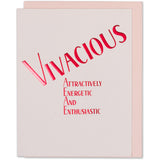 Red Foil Embossed Girlfriend Quote Card - Vivacious - Attractively Energetic And Enthusiastic. Light Pink cotton paper with a blush envelope