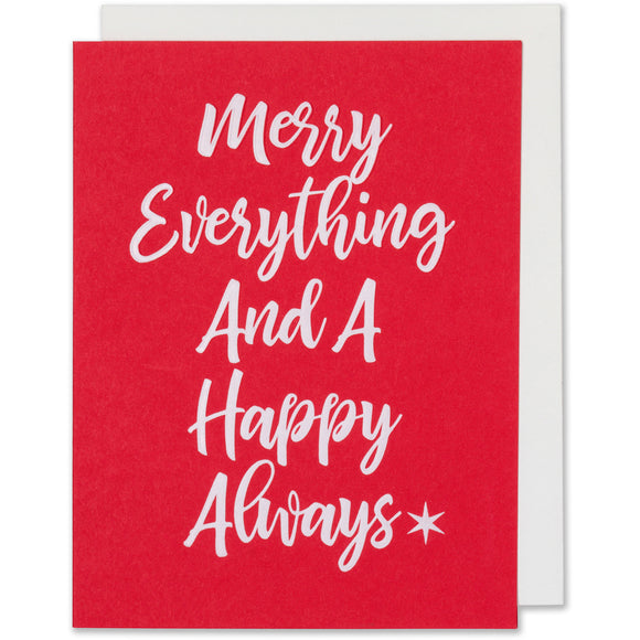 White Foil Embossed Holiday - Christmas Card. Merry Everything And A Happy Always. Red Paper with a bright white envelope