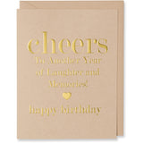 Gold Foil Embossed Cheers To Another Year of Laughter and Memories! (gold foil embossed heart image) happy birthday, card. Tan paper with a tan envelope or a white gold metallic envelope.
