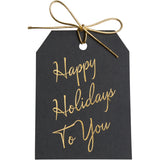 Gold foil Happy Holidays To You gift tags on black  linen paper, with metallic gold tie. 3x4
