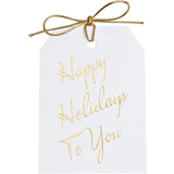 Gold foil Happy Holidays To You gift tag on white linen paper, with metallic gold tie. 3x4