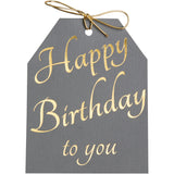 Gold foil Happy Birthday to you gift tags.  Gray linen paper with metallic gold ties. 4x5.5