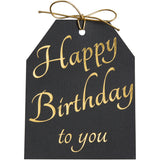 Gold foil Happy Birthday to you gift tags. Black linen paper with metallic gold ties. 4x5.5