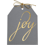 Joy gold foil gift tags on gray linen paper with metallic gold ties. 4x5.5"