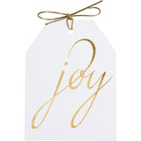 Joy gold foil gift tags on white linen paper with metallic gold ties. 4x5.5"