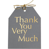 Gold foil Thank You Very Much gift tags with metallic gold tie on gray linen paper. 4x5.5"