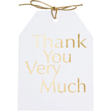 Gold foil Thank You Very Much gift tags with metallic gold tie on white linen paper. 4x5.5"
