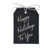 Happy Holidays To You gift tags on thick black paper. Silver foil stamped with a metallic silver tie.