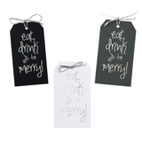 Eat Drink And Be Merry Silver Foil Tags With Silver Ties, Pack of 10