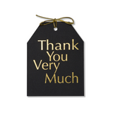 Gold foil Thank You Very Much gift tags with metallic gold tie on black linen paper. 4x5.5"