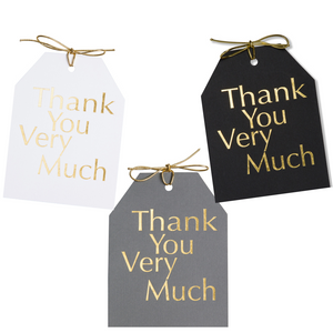 Gold foil Thank You Very Much gift tags with metallic gold ties on white, black, and gray linen paper. 4x5.5"