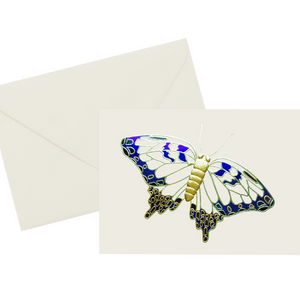 Foil embossed blue, black, and gold vintage butterfly note card on ivory cover paper with a gold foil-lined envelope