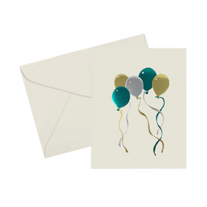 Gold, Silver, & turquoise foil embossed balloons note card. 5x7 Vintage card on ivory cover paper with a gold foil-lined ivory envelope. Blank inside
