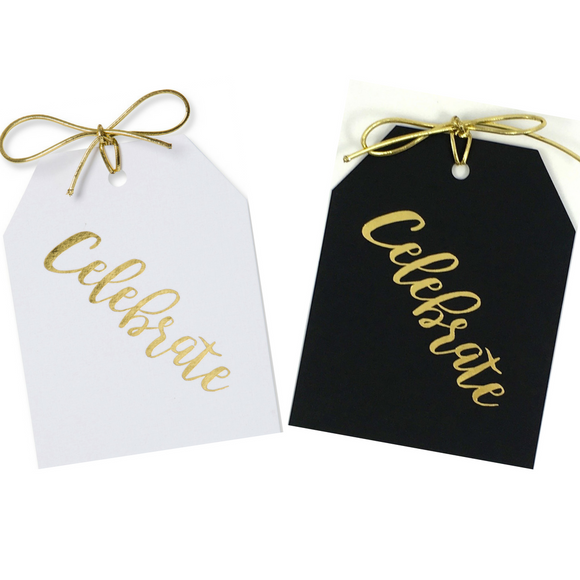 Gold foil Celebrate gift tags on white or black paper with metallic gold ties. Size 3.5x5 inches
