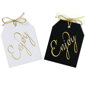 Gold foil Enjoy gift tags on white or black paper with metallic gold ties 3.5x4.5"