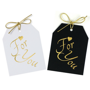 Gold foil For You with a gold heart above for, on white and black linen paper with a metallic gold tie. 3.5x4.5