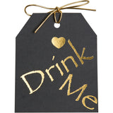 Gold foil on black paper.Drimk Me gift tags with a gold heart above the word Drimk Me. 3.5x4" wirh gold metallic tie